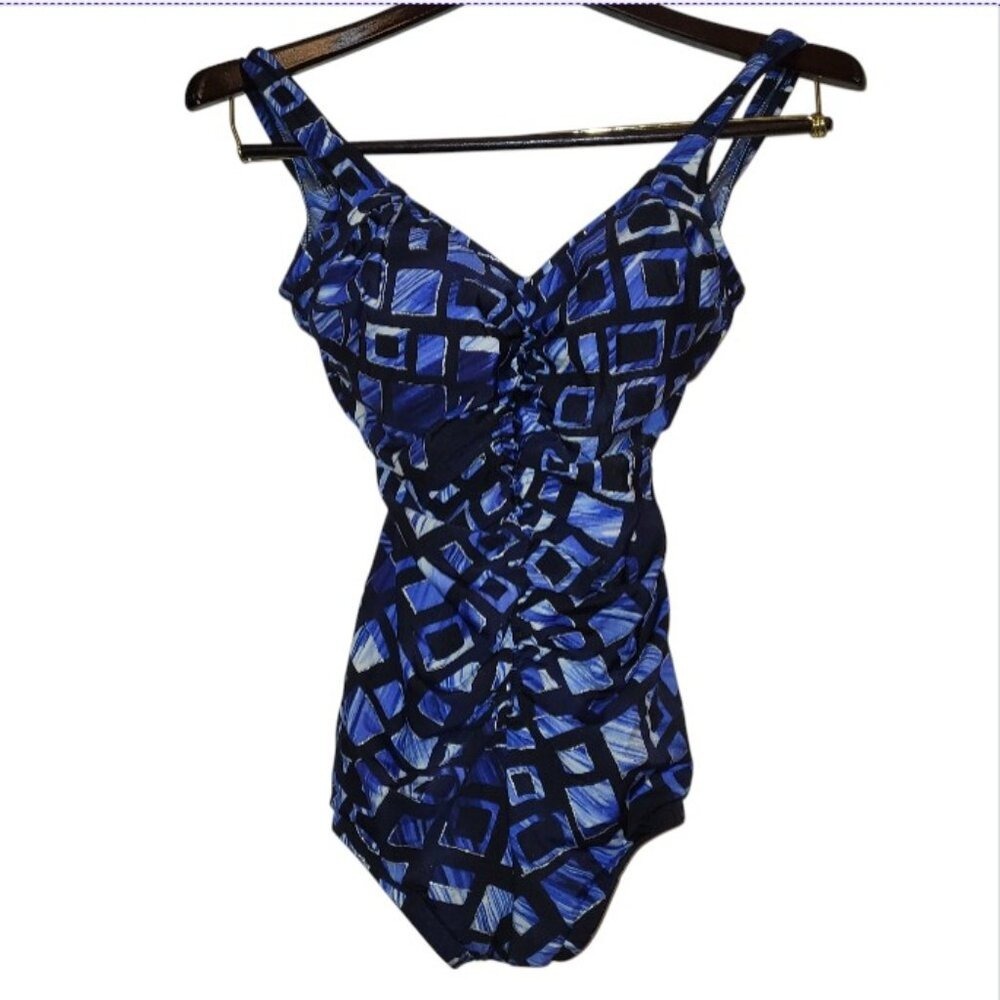 MiracleSuit Slimming Blue Black Pattern One Piece Swimsuit Size 10 - Picture 2 of 7